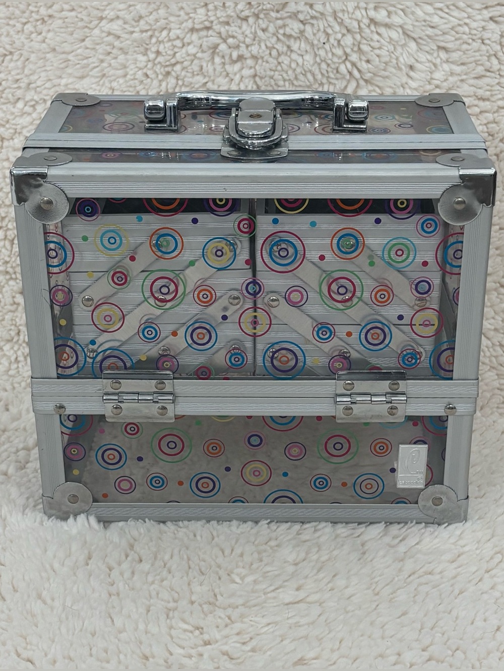 Y2K Caboodles clear acrylic multi-tier makeup train case circle/polka dot